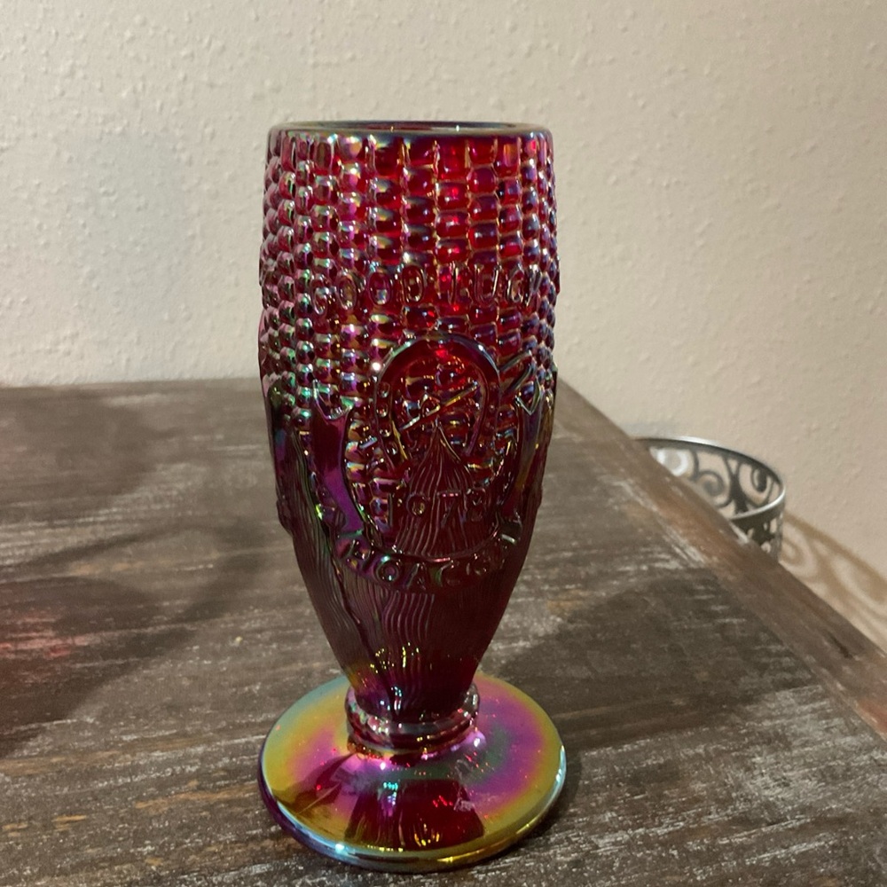 Fenton Red Carnival Glass 1978 HOACGA Souvenir Good Luck Vase